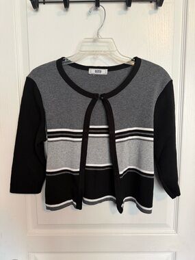 Cropped Black and Gray Striped Knit Cardigan